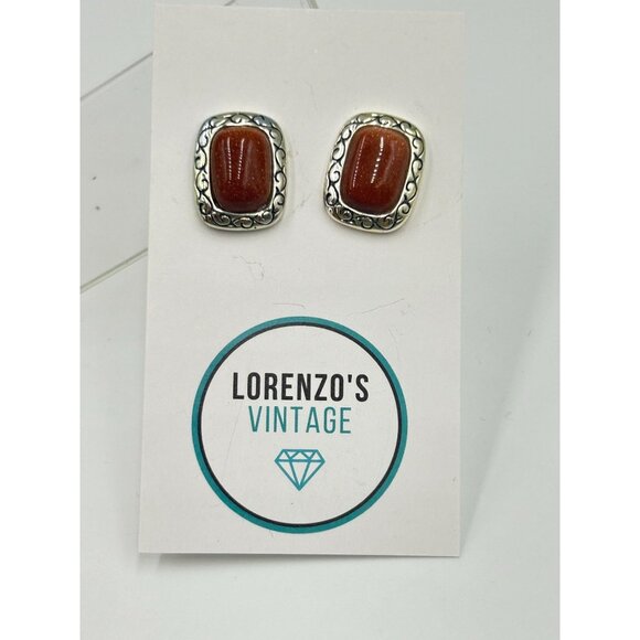 Vintage Goldstone & Sterling Silver Stud Earrings Pierced Retangular Studs - Picture 4 of 7